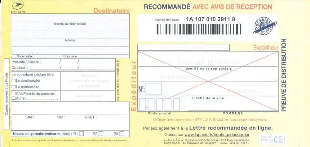 volet courrier recommandé