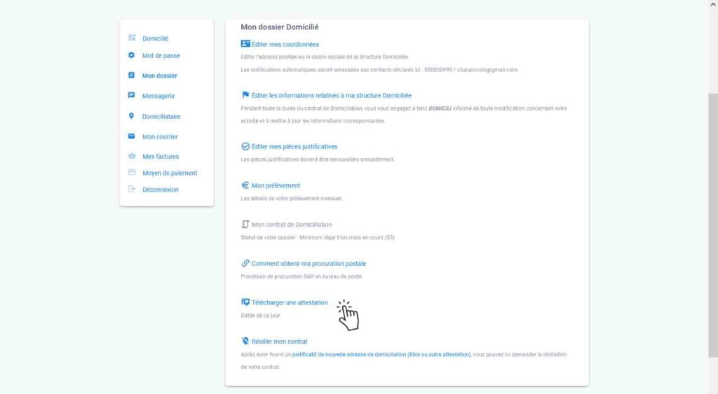 Chaque client peut télécharger une attestation de domiciliation de sa personne morale datée du jour